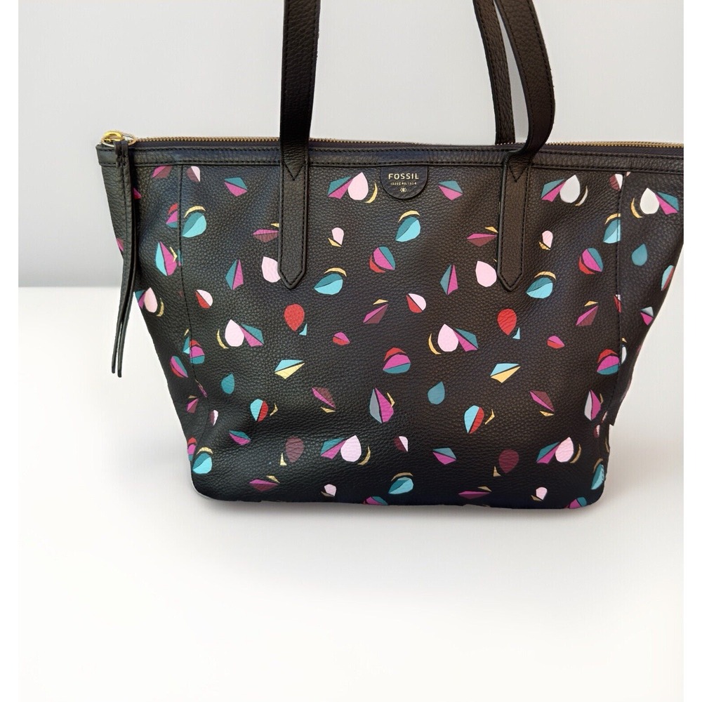 FOSSIL Sydney Black Leather Geometric Large Tote Handbag Shoulder Bag Purse
